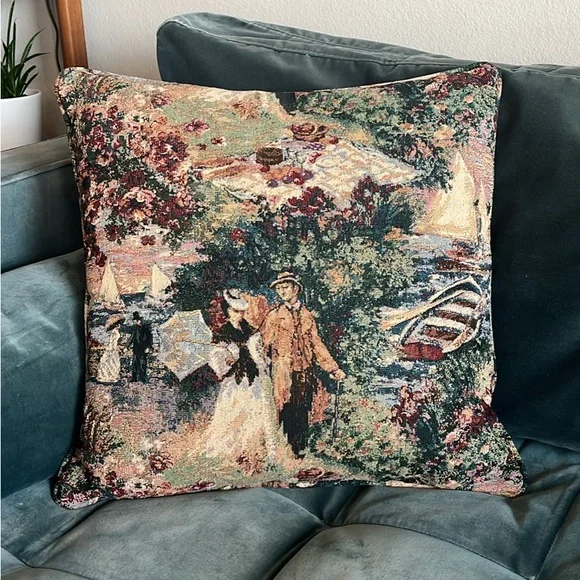 Vintage Tapestry Accent Throw Pillow Victorian Sail Boats Nautical - Picture 1 of 10